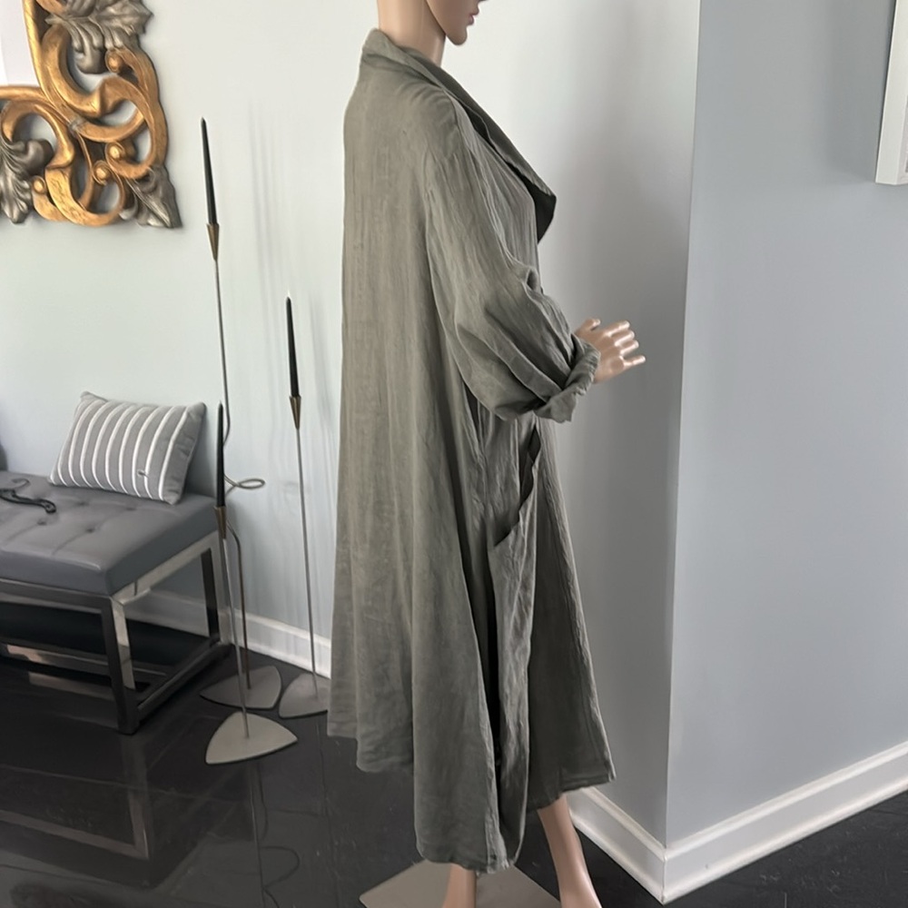 Olive Green Long Button-Front Women's Coat - Picture 5 of 11